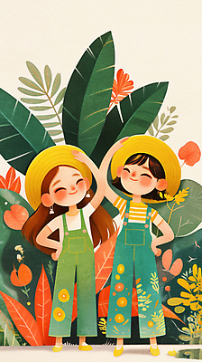 JPG 전신 모자 여자 꽃 어린이 허리손 일러스트 미소 소녀 두명 손들기 풀잎 나무심기 소녀만 국내일러스트 AI일러스트 AI콘텐츠 식물 잡화 포즈 잎 모션 표정 사람 풀_식물 심기 여자만 어린이만 파일형식