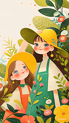 JPG 모자 여자 꽃 어린이 일러스트 미소 소녀 상반신 성인 두명 손들기 풀잎 나무심기 소녀만 국내일러스트 AI일러스트 AI콘텐츠 식물 잡화 잎 모션 표정 사람 풀_식물 심기 여자만 어린이만 파일형식