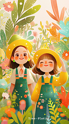 JPG 모자 여자 꽃 어린이 일러스트 미소 소녀 상반신 두명 손들기 풀잎 나무심기 소녀만 국내일러스트 AI일러스트 AI콘텐츠 식물 잡화 잎 모션 표정 사람 풀_식물 심기 여자만 어린이만 파일형식
