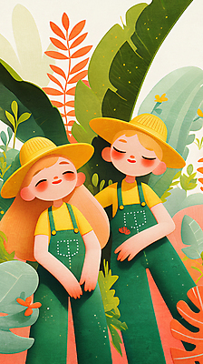 JPG 모자 여자 남자 꽃 어린이 일러스트 미소 소녀 소년 두명 눈감음 풀잎 나무심기 어린이만 국내일러스트 AI일러스트 AI콘텐츠 식물 잡화 잎 모션 표정 사람 풀_식물 심기 파일형식