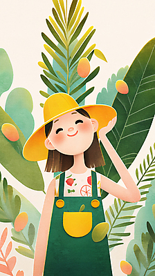 JPG 모자 여자 일러스트 한명 미소 상반신 성인 손들기 풀잎 나무심기 성인여자한명만 국내일러스트 AI일러스트 AI콘텐츠 1 잡화 잎 모션 표정 사람 풀_식물 심기 여자한명만 성인여자만 파일형식