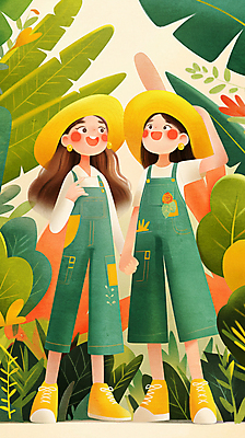 JPG 전신 모자 여자 어린이 일러스트 미소 소녀 두명 손들기 손잡기 풀잎 나무심기 소녀만 국내일러스트 AI일러스트 AI콘텐츠 잡화 잎 모션 표정 사람 풀_식물 심기 여자만 어린이만 파일형식