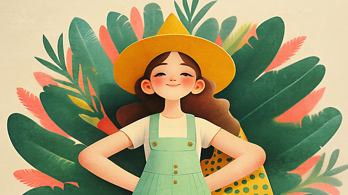 JPG 모자 여자 어린이 일러스트 한명 미소 소녀 풀잎 뒷짐 나무심기 소녀한명만 국내일러스트 AI일러스트 AI콘텐츠 1 잡화 잎 모션 표정 사람 풀_식물 심기 여자한명만 소녀만 파일형식