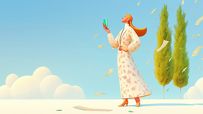 JPG 전신 나무 구름 편집이미지 여자 허리손 지폐 한명 들기 성인 눈감음 신용카드 성인여자한명만 편집실사 AI컴퓨터그래픽 AI콘텐츠 자연요소 식물 1 포즈 돈 모션 사람 금융 CG 여자한명만 성인여자만 파일형식