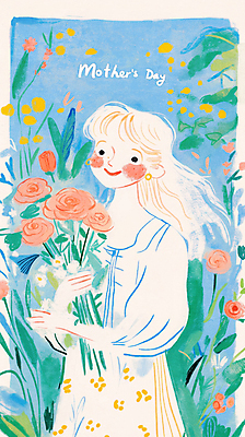 JPG 여자 꽃다발 꽃밭 일러스트 엄마 사랑 한명 미소 들기 상반신 성인 초록색 파란색 성인여자한명만 국내일러스트 AI일러스트 AI콘텐츠 1 꽃 감정 컬러 가족 모션 표정 사람 여자한명만 성인여자만 파일형식