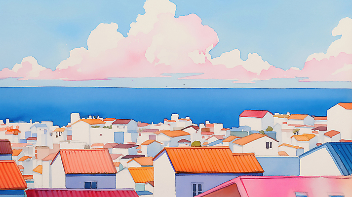 JPG 구름 바다 일러스트 하늘 지붕 수채화 주택 풍경 사람없음 마을 국내일러스트 AI일러스트 AI콘텐츠 자연요소 건물 파일형식