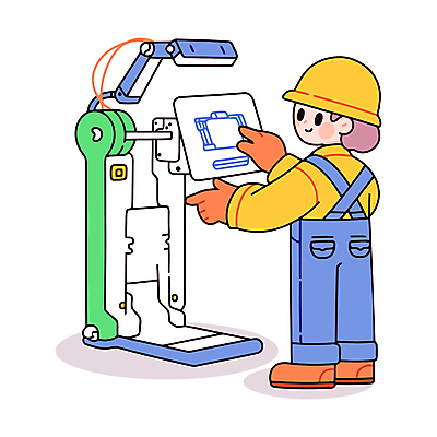 전신 여자 일러스트 한명 미소 성인 기계 가리킴 기술자 안전모 공학 성인여자한명만 AI_인공지능 국내일러스트 AI파일 직업 1 교육 표정 사람 손짓 헬멧 안전장비 여자한명만 성인여자만 파일형식 벡터