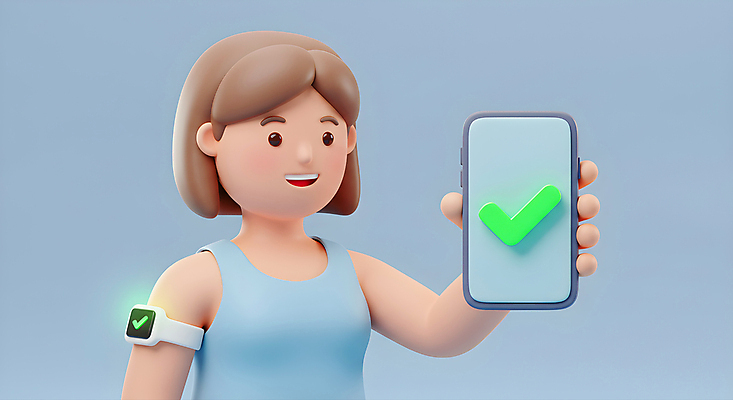 JPG 편집이미지 여자 3D캐릭터 한명 미소 들기 상반신 성인 파란색 스마트폰 운동 3D 체크표시 웨어러블 성인여자한명만 편집3D AI컴퓨터그래픽 AI콘텐츠 캐릭터 1 컬러 모션 표정 건강 사람 핸드폰 스마트기기 디지털합성 확인 여자한명만 성인여자만 파일형식