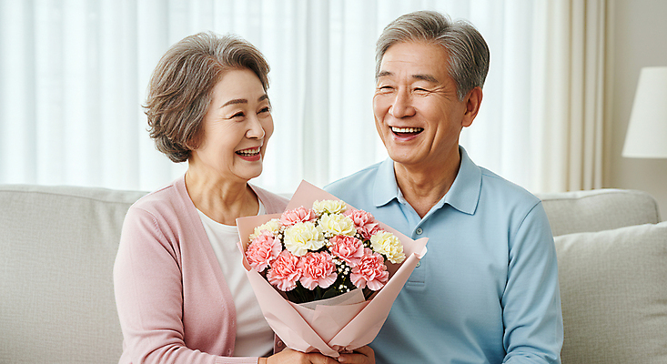 JPG 편집이미지 여자 할아버지 노년 남자 행복 할머니 꽃다발 집안 웃음 들기 앉기 상반신 두명 앞모습 노부부 커튼 어버이날 카네이션 감사 가정의달 의료성형뷰티 노인만 편집실사 AI인물포토 AI콘텐츠 부부 기념일 꽃 감정 뷰포인트 모션 실내 표정 사람 성인 5월 CG 성인만 파일형식 AI포토