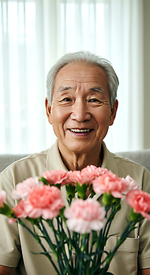 JPG 편집이미지 할아버지 노년 남자 행복 꽃다발 집안 한명 웃음 상반신 앞모습 커튼 어버이날 카네이션 감사 가정의달 의료성형뷰티 노인남자한명만 편집실사 AI인물포토 AI콘텐츠 1 기념일 꽃 감정 뷰포인트 실내 표정 사람 성인 5월 CG 남자한명만 노인남자만 파일형식 AI포토