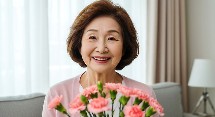 JPG 편집이미지 여자 노년 행복 할머니 꽃다발 집안 조명 한명 웃음 상반신 앞모습 소파 커튼 어버이날 카네이션 감사 가정의달 의료성형뷰티 노인여자한명만 편집실사 AI인물포토 AI콘텐츠 1 기념일 꽃 감정 뷰포인트 의자 실내 표정 사람 성인 5월 CG 여자한명만 노인여자만 파일형식 AI포토