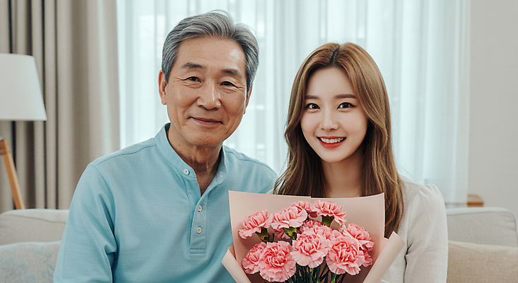 JPG 편집이미지 여자 할아버지 노년 남자 행복 꽃다발 집안 웃음 들기 상반신 성인 두명 앞모습 커튼 어버이날 카네이션 감사 가정의달 의료성형뷰티 부녀 편집실사 AI인물포토 AI콘텐츠 기념일 꽃 딸 감정 뷰포인트 가족 모션 실내 표정 사람 아빠 5월 CG 파일형식 AI포토