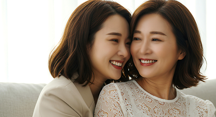 JPG 편집이미지 여자 행복 중년 안기 모녀 집안 웃음 상반신 성인 두명 앞모습 어버이날 카네이션 감사 가정의달 의료성형뷰티 여자만 편집실사 AI인물포토 AI콘텐츠 기념일 꽃 딸 감정 뷰포인트 가족 모션 엄마 실내 표정 사람 5월 CG 파일형식 AI포토