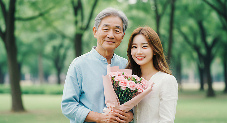JPG 편집이미지 공원 여자 할아버지 노년 남자 행복 할머니 꽃다발 웃음 들기 상반신 성인 야외 두명 앞모습 어버이날 카네이션 감사 가정의달 의료성형뷰티 부녀 편집실사 AI인물포토 AI콘텐츠 공공시설 기념일 꽃 딸 감정 뷰포인트 가족 모션 표정 사람 아빠 5월 CG 파일형식 AI포토