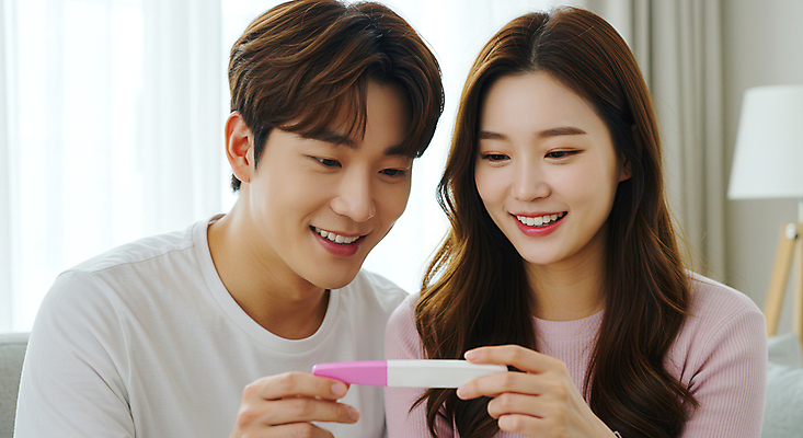 JPG 편집이미지 부부 응시 여자 남자 행복 가족 조명 실내 미소 들기 상반신 성인 두명 임신 커튼 임신테스트기 의료성형뷰티 성인만 편집실사 AI인물포토 AI콘텐츠 커플 시선 감정 관계 모션 표정 사람 내부 의료용품 CG 파일형식 AI포토