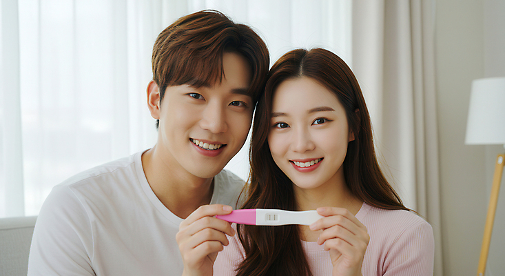 JPG 편집이미지 부부 여자 남자 행복 가족 조명 실내 미소 들기 상반신 성인 두명 임신 커튼 임신테스트기 의료성형뷰티 성인만 편집실사 AI인물포토 AI콘텐츠 커플 감정 관계 모션 표정 사람 내부 의료용품 CG 파일형식 AI포토