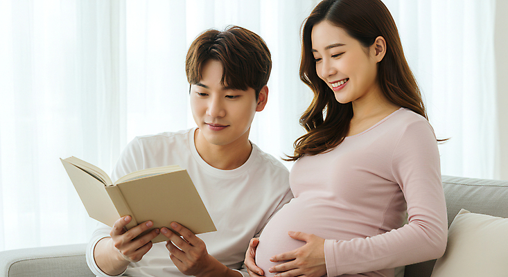 JPG 편집이미지 부부 응시 여자 남자 행복 가족 미소 들기 상반신 성인 두명 임산부 만지기 커튼 읽기 태교 태교서적 의료성형뷰티 성인만 편집실사 AI인물포토 AI콘텐츠 커플 시선 감정 관계 모션 표정 사람 책 임신 CG 파일형식 AI포토