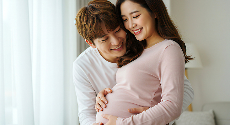 JPG 편집이미지 부부 여자 남자 행복 가족 안기 조명 실내 미소 상반신 성인 두명 임산부 만지기 커튼 태교 의료성형뷰티 성인만 편집실사 AI인물포토 AI콘텐츠 커플 감정 관계 모션 표정 사람 내부 임신 CG 파일형식 AI포토