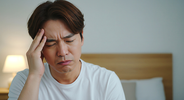 JPG 편집이미지 남자 중년 한명 상반신 앞모습 손들기 침실 고통 침대 스탠드 찡그림 질병 두통 갱년기 힘듦 의료성형뷰티 중년남자한명만 편집실사 AI인물포토 AI콘텐츠 1 감정 뷰포인트 가구 컨셉 의학 모션 조명 표정 사람 성인 CG 증상 남자한명만 중년남자만 파일형식 AI포토