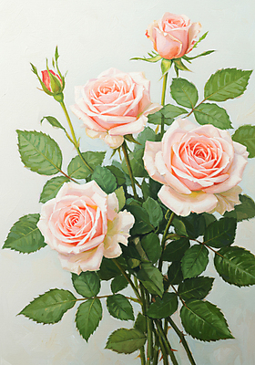 JPG 편집이미지 잎 수채화 사람없음 초록색 장미 꽃봉오리 그림 연분홍색 편집실사 AI일러스트 AI콘텐츠 식물 꽃 분홍색 컬러 CG 파일형식