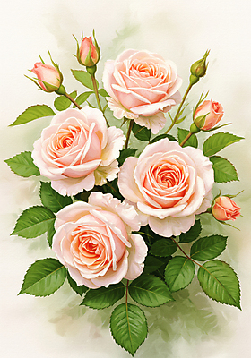 JPG 편집이미지 잎 수채화 사람없음 초록색 장미 꽃봉오리 그림 연분홍색 편집실사 AI일러스트 AI콘텐츠 식물 꽃 분홍색 컬러 CG 파일형식