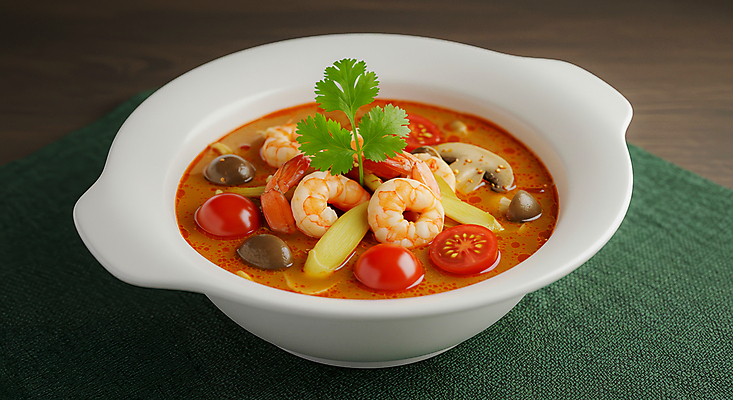 JPG 편집이미지 그릇 잎 방울토마토 새우 사람없음 전통음식 고수 해산물 양송이 국물 테이블매트 똠얌꿍 편집실사 AI포토 AI콘텐츠 식물 전통 식기 음식 토마토 갑각류 버섯 식탁보 향신료 CG 태국음식 파일형식