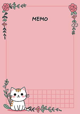 한마리 꽃 분홍색 잎 일러스트 프레임 사람없음 고양이 하트 메모지 카피스페이스 국내일러스트 AI파일 모양 식물 1 컬러 포유류 반려동물 사무용품 공백 파일형식 벡터