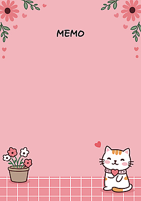 한마리 꽃 화분 분홍색 잎 일러스트 프레임 사람없음 고양이 하트 메모지 카피스페이스 국내일러스트 AI파일 모양 식물 1 컬러 포유류 반려동물 사무용품 공백 파일형식 벡터