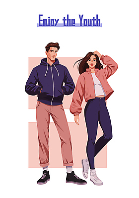 전신 여자 남자 포즈 일러스트 미소 성인 두명 청춘 손들기 즐거움 주머니손 성인만 국내일러스트 AI파일 감정 컨셉 모션 표정 사람 파일형식 벡터