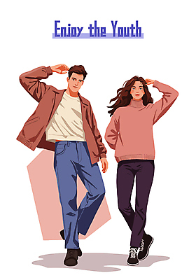 전신 여자 남자 포즈 일러스트 미소 성인 두명 청춘 손들기 즐거움 뒷짐 성인만 국내일러스트 AI파일 감정 컨셉 모션 표정 사람 파일형식 벡터