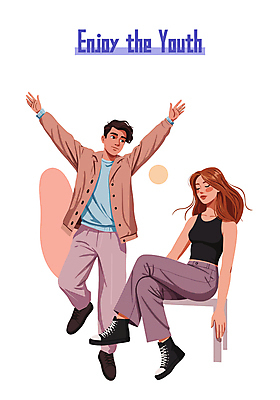 전신 여자 남자 일러스트 미소 앉기 성인 두명 청춘 눈감음 춤 즐거움 성인만 국내일러스트 AI파일 감정 컨셉 모션 문화예술 표정 사람 파일형식 벡터