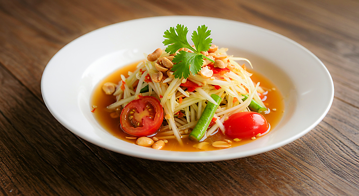 JPG 편집이미지 접시 태국 방울토마토 고추 사람없음 전통음식 고수 땅콩 나무탁자 쏨땀 편집실사 AI포토 AI콘텐츠 전통 식기 아시아 음식 토마토 채소 탁자 견과류 향신료 CG 태국음식 파일형식