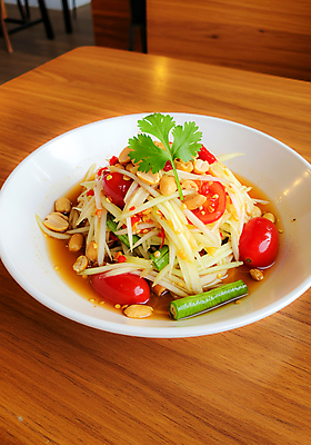 JPG 편집이미지 접시 태국 방울토마토 고추 사람없음 전통음식 고수 땅콩 나무탁자 쏨땀 편집실사 AI포토 AI콘텐츠 전통 식기 아시아 음식 토마토 채소 탁자 견과류 향신료 CG 태국음식 파일형식