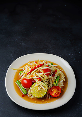 JPG 편집이미지 접시 태국 방울토마토 고추 사람없음 검은색 전통음식 땅콩 라임 쏨땀 편집실사 AI포토 AI콘텐츠 전통 식기 아시아 음식 컬러 토마토 채소 과일 견과류 CG 태국음식 파일형식