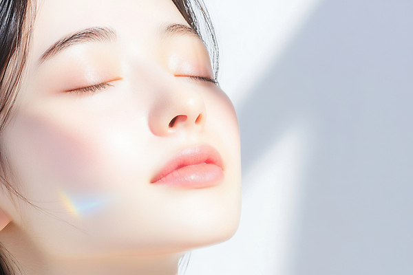 JPG 편집이미지 여자 얼굴 한명 미소 성인 빛 눈감음 피부 피부관리 고개들기 광택 의료성형뷰티 성인여자한명만 편집실사 AI인물포토 AI콘텐츠 1 모션 표정 사람 신체부위 뷰티 CG 여자한명만 성인여자만 파일형식 AI포토