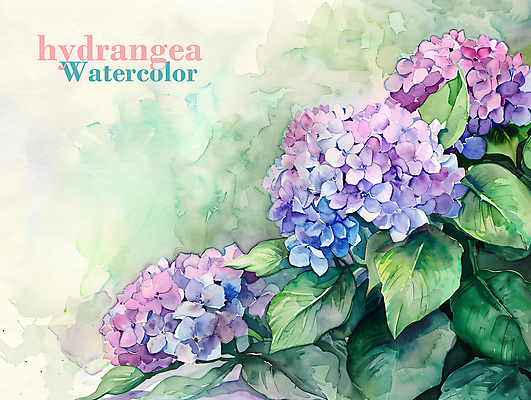 PSD 예술 잎 일러스트 수채화 사람없음 초록색 햇빛 보라색 그림 번짐 수국 국내일러스트 식물 꽃 컬러 태양 파일형식 효과