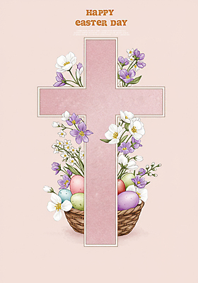 PSD 꽃 기독교 분홍색 십자가 잎 일러스트 수채화 사람없음 바구니 부활절계란 국내일러스트 식물 종교 컬러 부활절 계란 파일형식