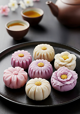 JPG 편집이미지 접시 꽃 사람없음 전통음식 차 찻잔 찻주전자 다과 화과자 일본음식 플레이팅 편집실사 AI포토 AI콘텐츠 식물 전통 식기 음료 음식 주전자 디저트 잔 과자 상차림 CG 파일형식