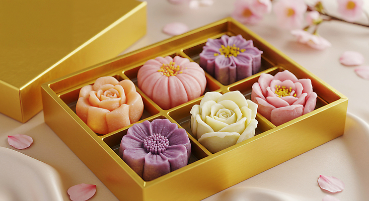 JPG 편집이미지 꽃잎 사람없음 상자 전통음식 천 다과 화과자 일본음식 플레이팅 편집실사 AI포토 AI콘텐츠 전통 꽃 음식 디저트 과자 직물 상차림 CG 파일형식