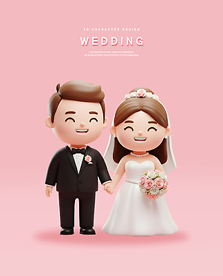 전신 PSD 편집이미지 여자 남자 신부 분홍색 부케 웨딩드레스 신랑 신혼부부 결혼식 면사포 3D캐릭터 웃음 들기 턱시도 성인 두명 3D 손잡기 성인만 편집3D 캐릭터 부부 드레스 컬러 꽃다발 결혼 모션 표정 사람 정장 디지털합성 신혼 결혼소품 파일형식