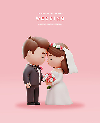 전신 PSD 편집이미지 여자 남자 신부 분홍색 부케 웨딩드레스 신랑 신혼부부 결혼식 면사포 3D캐릭터 웃음 들기 턱시도 성인 두명 3D 성인만 머리맞대기 편집3D 캐릭터 부부 드레스 컬러 꽃다발 결혼 모션 표정 사람 정장 디지털합성 신혼 결혼소품 파일형식