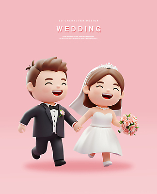 전신 PSD 편집이미지 여자 남자 신부 분홍색 부케 웨딩드레스 신랑 신혼부부 결혼식 면사포 3D캐릭터 웃음 들기 턱시도 성인 두명 달리기 3D 손잡기 성인만 편집3D 캐릭터 부부 드레스 컬러 꽃다발 결혼 모션 표정 사람 정장 디지털합성 신혼 결혼소품 파일형식