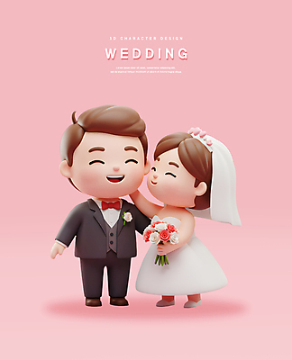 전신 PSD 편집이미지 여자 남자 신부 분홍색 부케 웨딩드레스 신랑 신혼부부 결혼식 면사포 3D캐릭터 웃음 들기 턱시도 성인 두명 3D 손들기 성인만 편집3D 캐릭터 부부 드레스 컬러 꽃다발 결혼 모션 표정 사람 정장 디지털합성 신혼 결혼소품 파일형식