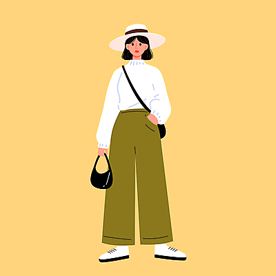 전신 모자 여자 패션 여유 일러스트 한명 들기 성인 노란색 핸드백 주머니손 크로스백 봄옷 스타일 성인여자한명만 일러캐릭터 AI파일 캐릭터 1 잡화 옷 감정 컬러 가방 모션 사람 봄 여자한명만 성인여자만 파일형식 벡터