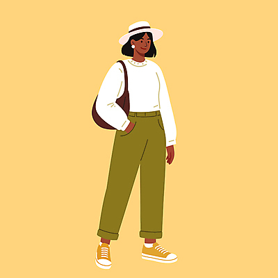 전신 모자 여자 패션 여유 가방 일러스트 한명 미소 성인 캐주얼 노란색 주머니손 봄옷 스타일 성인여자한명만 일러캐릭터 AI파일 캐릭터 1 잡화 옷 감정 컬러 모션 표정 사람 봄 여자한명만 성인여자만 파일형식 벡터