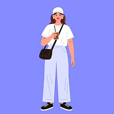 전신 여자 패션 여유 커피 일러스트 한명 미소 들기 성인 캐주얼 파란색 크로스백 테이크아웃 봄옷 캡모자 스타일 성인여자한명만 일러캐릭터 AI파일 캐릭터 모자_잡화 1 옷 감정 음료 컬러 가방 모션 표정 사람 봄 여자한명만 성인여자만 파일형식 벡터