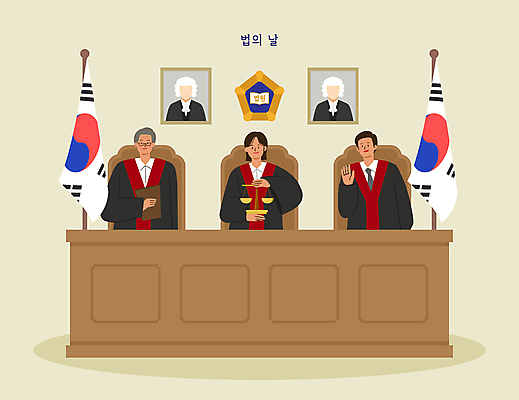 PSD 여자 남자 중년 액자 의자 일러스트 저울 들기 앉기 상반신 성인 세명 태극기 판사 법 재판 판결 법원 단상 제헌절 법의날 국내일러스트 가구 모션 사람 국기 법률가 국경일 파일형식 법정기념일