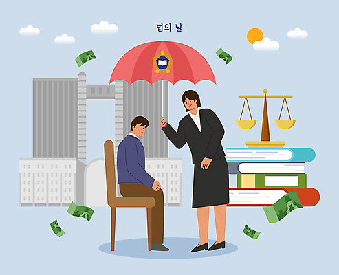 전신 PSD 여자 남자 지폐 의자 일러스트 우산 저울 들기 앉기 성인 두명 보호 법 법원 변호사 법전 제헌절 책더미 성인만 법의날 흩날리기 국내일러스트 직업 가구 컨셉 돈 모션 사람 책 국경일 무더기 파일형식 법정기념일