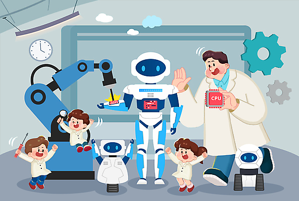 전신 PSD 여자 남자 어린이 시계 일러스트 박사 미소 들기 앉기 소녀 소년 여러명 성인 기계 만세 회색 실험복 연구실 수리 즐거움 톱니바퀴 개발 과학의날 휴머노이드 CPU 과학의달 국내일러스트 직업 감정 컬러 다수 모션 표정 사람 가운 4월 로봇 컴퓨터부품 파일형식 법정기념일