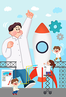 전신 PSD 구름 여자 남자 어린이 일러스트 하늘 실험 박사 미소 들기 소녀 소년 여러명 성인 손들기 만세 로켓 가리킴 실험복 수리 즐거움 톱니바퀴 개발 계기판 과학의날 과학의달 국내일러스트 자연요소 직업 감정 다수 모션 표정 사람 손짓 가운 4월 파일형식 법정기념일